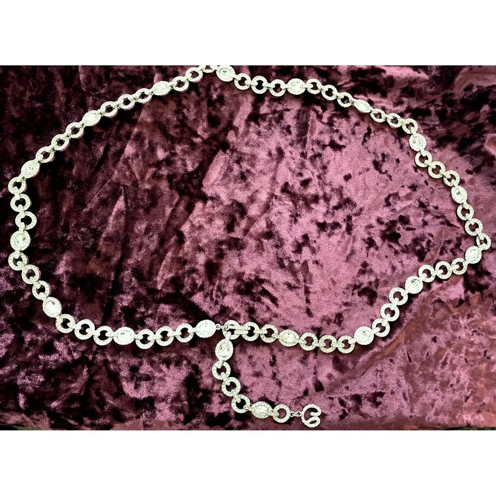 Vtg ST. JOHN Silver-tone CRYSTAL RHINESTONE Glamorous CHAIN BELT fits S-XL